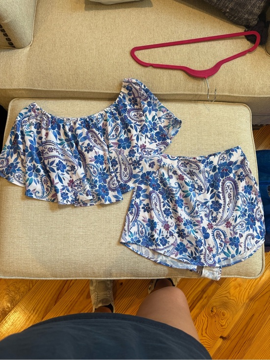 Show Me Your MuMu Dresses & Skirts - Blue & White Paisley Two-Piece Off-Shoulder Top + Shorts Set top s bottom xs